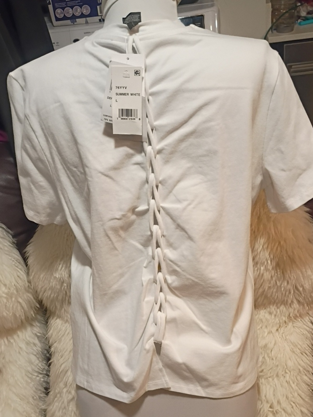 French Connection White,Stretchy, Short Sleeve Tee with Braided Lace-Back Detail